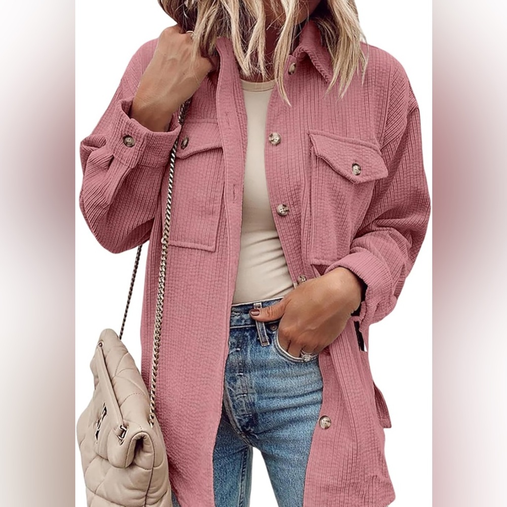 Cnkwei Womens Corduroy Button Down Shacket Casual Long Sleeve Chest Pocketed